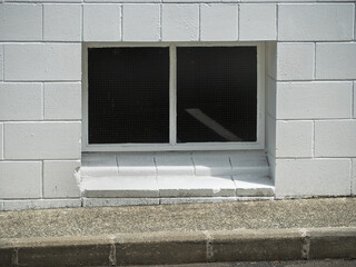 Small Basement Window with Security Mesh on White Brick Wall