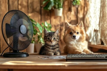 Cat and dog duo on wooden desk with fan and keyboard