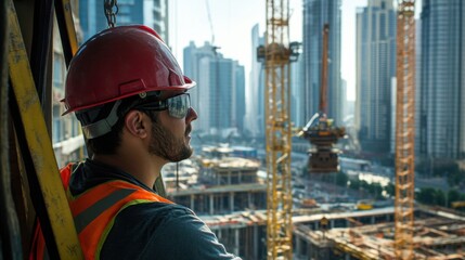 An intimate view of a crane operator in a tower crane cabin, lifting heavy materials on an offshore oil platform, Offshore construction scene