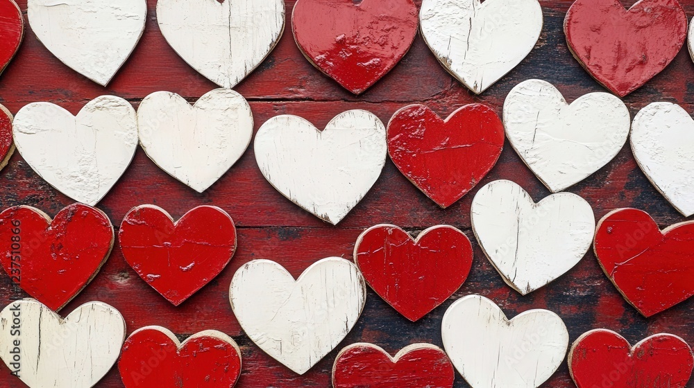 Poster White and red heart stickers layered in rows to create a textured Valentine's Day feature wall
