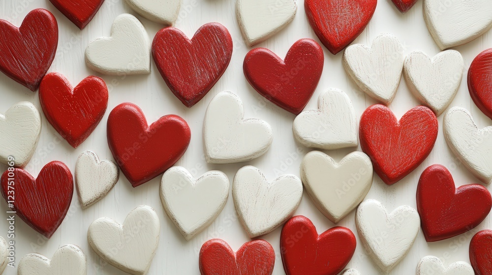 Poster white and red heart stickers layered in rows to create a textured valentine's day feature wall