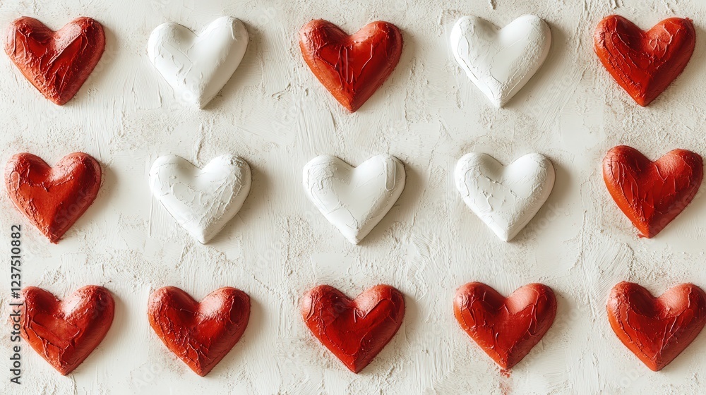 Poster white and red heart stickers layered in rows to create a textured valentine's day feature wall