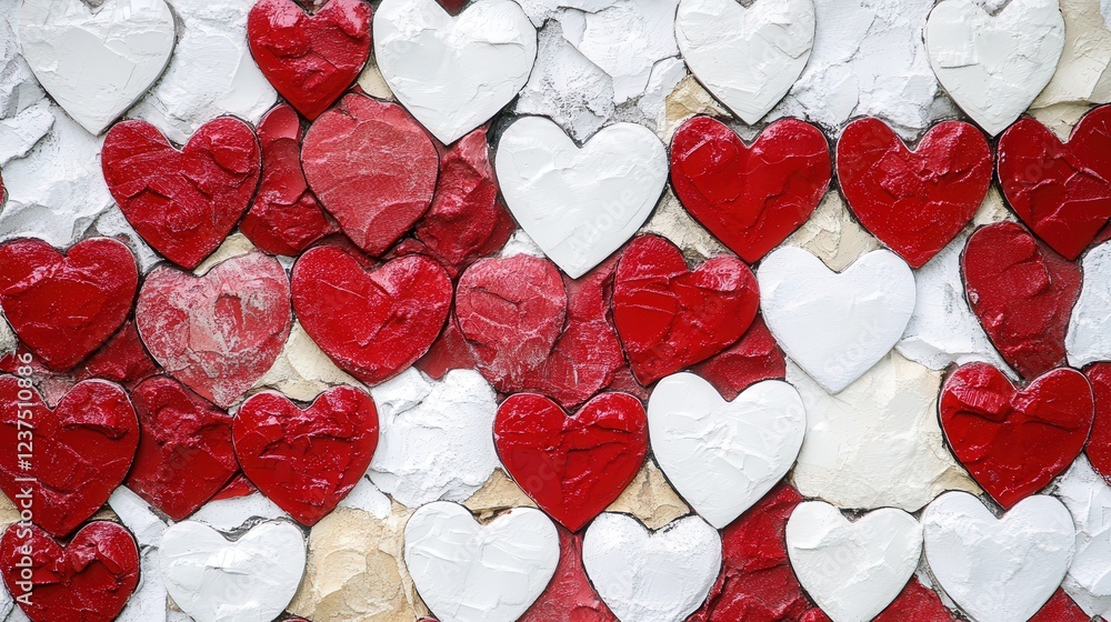 Poster white and red heart stickers layered in rows to create a textured valentine's day feature wall