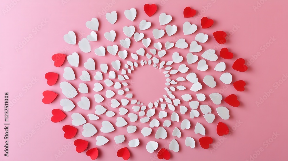Poster white and red heart-shaped paper stickers arranged in a spiral design on a soft pink backdrop for va