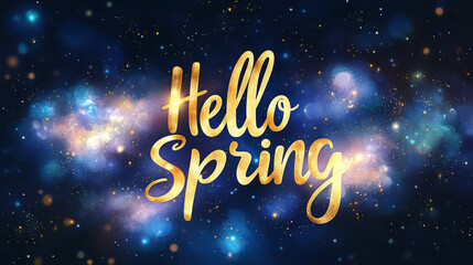 hello spring text sign, set against a breathtaking cosmic flowers nebula filled with space for text. greeting card concept