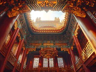 Obraz premium A majestic view from inside a traditional Chinese temple
