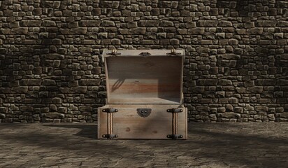 Treasure chest, opened box, antique box, 3D illustration