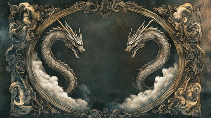 Two Majestic Dragons in Ornate Frame Surrounded by Clouds