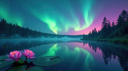 Serene Nighttime Lake Scene with Pink Lotus Blossoms Underneath Vibrant Aurora Borealis Reflection