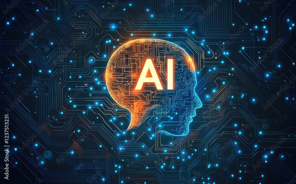 Aufkleber Illuminated AI-themed brain silhouette with intricate circuitry, showcasing the integration of artificial intelligence and advanced technology. Ideal for tech branding, AI development