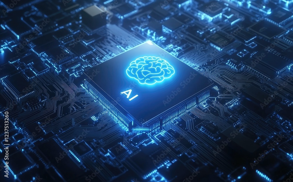 Poster A glowing AI processor with a brain icon integrated into a futuristic circuit board, highlighting the advanced capabilities of artificial intelligence. Ideal for tech projects, AI branding