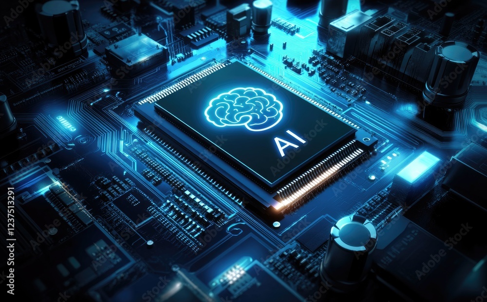 Aufkleber A high-tech AI chip glowing with a brain icon embedded in a sleek, futuristic circuit board, symbolizing cutting-edge artificial intelligence technology. Ideal for tech innovation presentations, AI