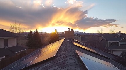 Obraz premium Rooftop solar panels sunset, mountain view, residential neighborhood