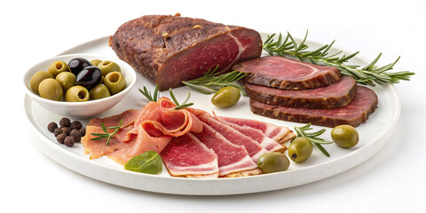 Elegant Charcuterie Plate Featuring Ham, Steak, and Olives Isolated for Culinary Presentation