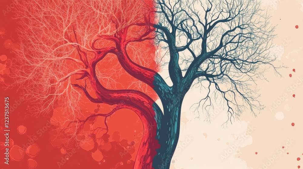 Poster split tree art representing change and nature in vivid colors