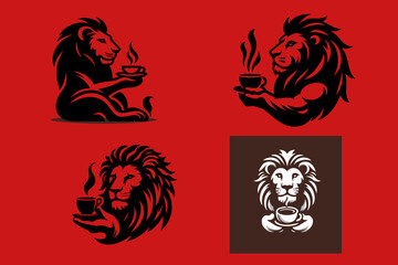 This is a logo of a lion holding a coffee cup, suitable for logo design for coffee companies, coffee shops, coffee packaging, coffee cups, cafes, street stalls, books, paper, t-shirts, posters, banner