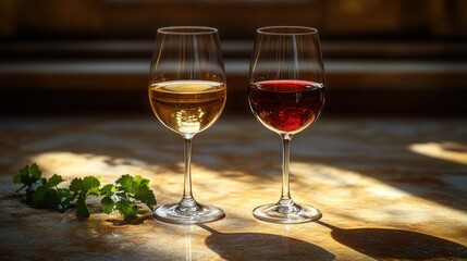 Two glasses of wine, sunlit marble table, indoor setting, tasting