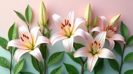 Fototapeta premium Delicate Pink Lilies in Full Bloom, Gracefully Arranged on a Subtle Gradient Background, Showcasing the Exquisite Details of Each Petal and the Vibrant Green Foliage
