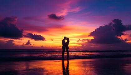 Silhouette Couple Embraces at Romantic Ocean Sunset