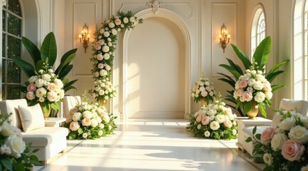Elegant Room Decorated with Creamy White Roses and Lush Greenery for a Special Occasion