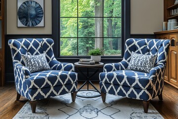 Navy Blue and White Geometric Armless Chairs with Dark Wood Legs on Neutral Background, Enhanced by Matching Patterned Side Table.
