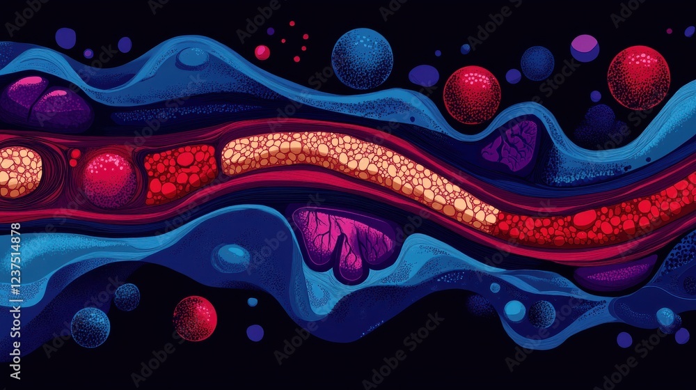Poster abstract colorful flowing patterns with spheres and textures