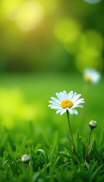 Daisies sprouting from the ground on a sunny lawn, daisies, green grass