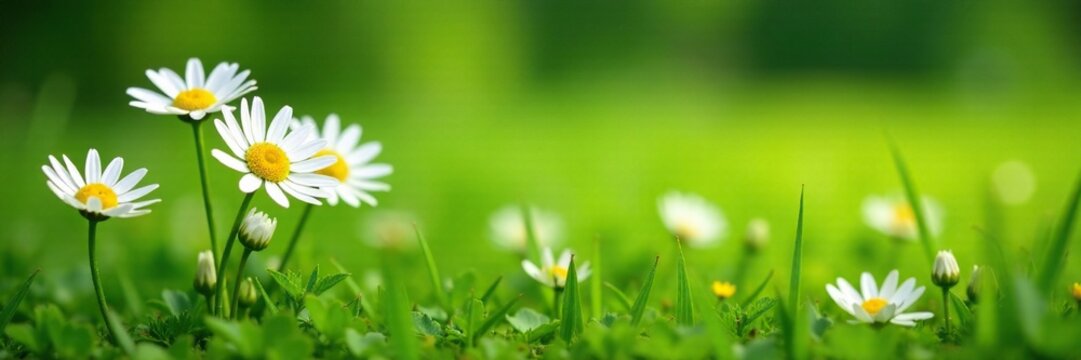 Daisies growing in a lush green lawn with tall grass, green grass, Bellis perennis