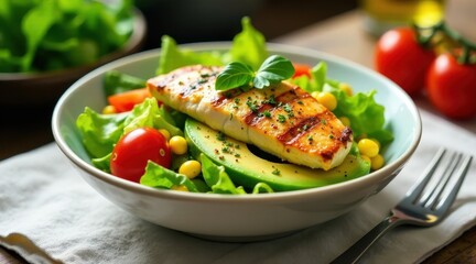 Grilled protein atop fresh avocado and vibrant greens in a light and healthy salad