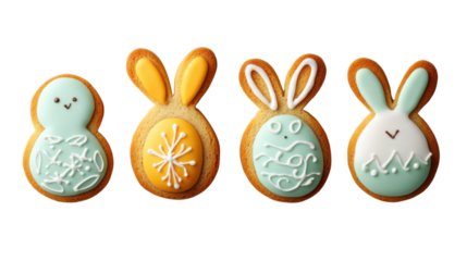 Easter cookies representing chick and bunnies on transparent background