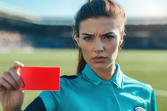 Female soccer referee displaying a red card