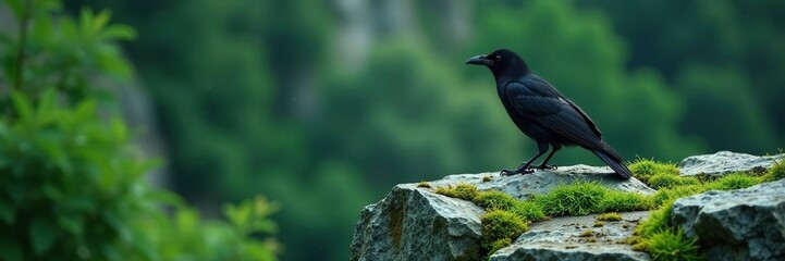 Dark silhouetted bird perched on weathered granite with lush emerald moss, stone, landscape, black raven