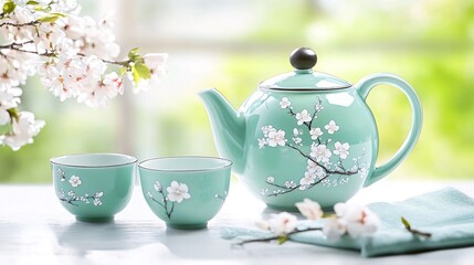 Tea set with cherry blossoms, spring scene, peaceful setting, perfect for tea-related content