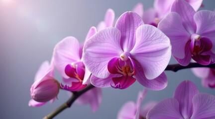 Fototapeta premium A cluster of delicate pink orchids, showcasing their intricate petals and vibrant color, bathed in soft sunlight, exhibiting a serene and tranquil beauty