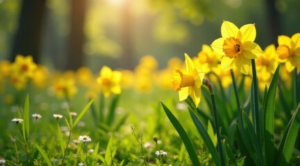 Obraz premium Golden Daffodils Basking in the Warmth of a Sunny Spring Meadow, a Vibrant Display of Nature's Beauty
