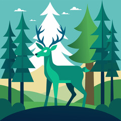 Naklejka premium Deer in forest. Deer with forest background vector.