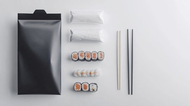 Sushi takeaway packaging mockup; food delivery; white background
