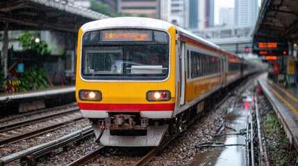 Naklejka premium Commuter train at city station on rainy day