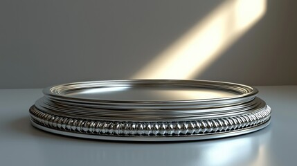 Silver pedestal, studio, light beam, display.