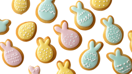 Easter bunny and egg shaped cookies falling on transparent background