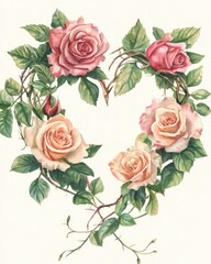 Naklejka premium Watercolor illustration of pink and red roses arranged in a heart shape with green leaves and white background