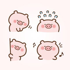 Vector cartoon illustration of cute pig sticker set Concept Isolated Flat