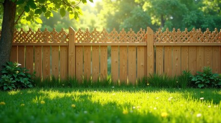 Fototapeta premium Serene Backyard Scene with a Wooden Fence and Lush Green Grass Under Sunlight