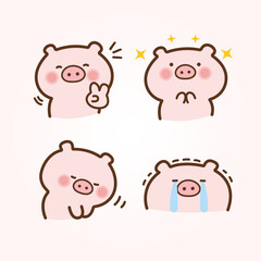 Vector cartoon illustration of cute pig sticker set Concept Isolated Flat