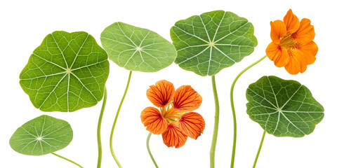Fototapeta premium Fresh Collection of Nasturtium Leaves Isolated on a Clean Background for Culinary Use
