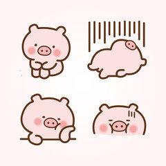 Vector cartoon illustration of cute pig sticker set Concept Isolated Flat