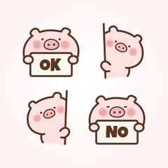 Vector cartoon illustration of cute pig sticker set Concept Isolated Flat