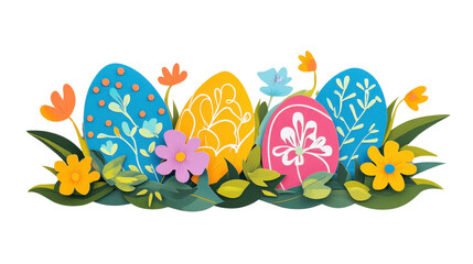 Colorful easter eggs with spring flowers on transparent background