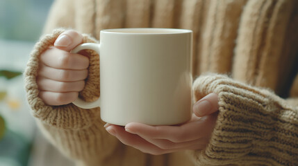 Realistic white ceramic mug mockup held by hands in a cozy knitted sweater. Perfect for showcasing branding, logo designs, or personalized drinkware in a warm, inviting setting