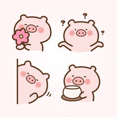 Vector cartoon illustration of cute pig sticker set Concept Isolated Flat